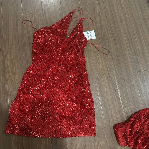 Zara | Dresses | Zara Nwt Ss2 Woman Velvetsequin Mini Dress Red S M |  Poshmark